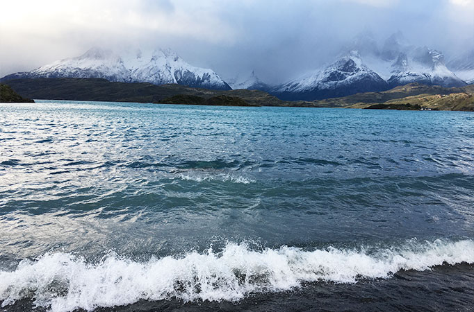 lake and mountain view in torres del paine national park